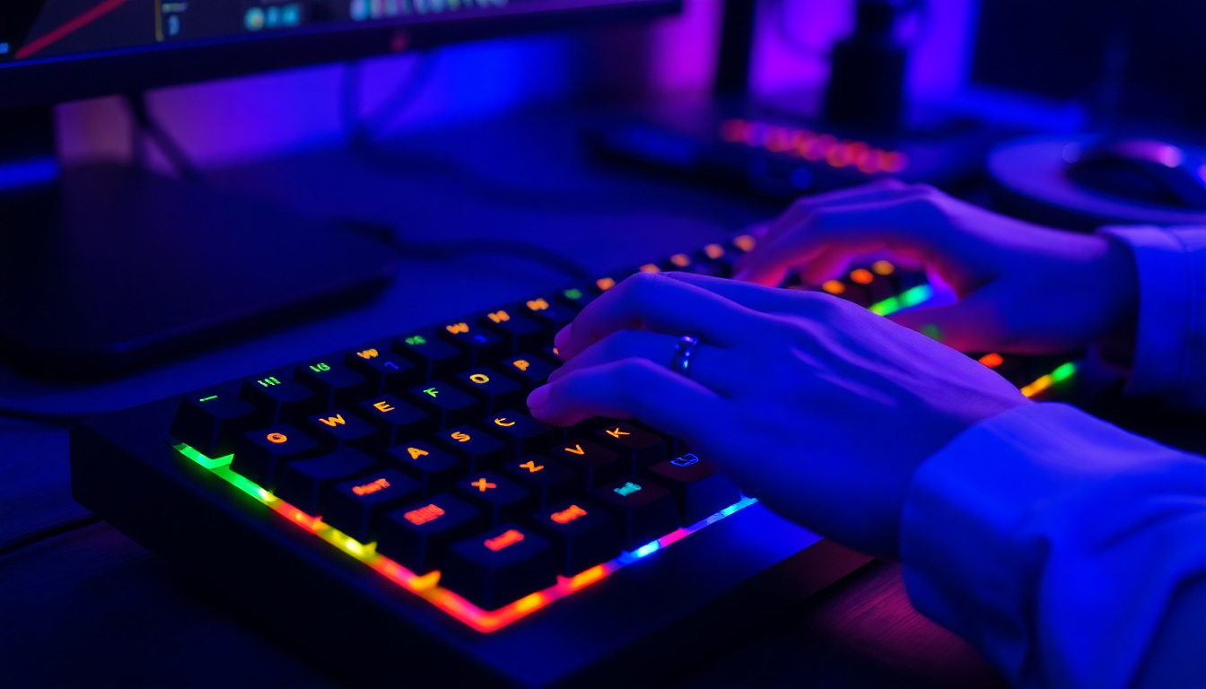Close-up of hands typing on a keyboard featuring colorful mechanical switches under ambient lighting