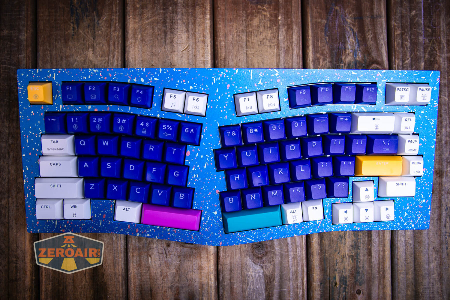 Compact mechanical keyboard with colorful keycaps arranged on a blue background