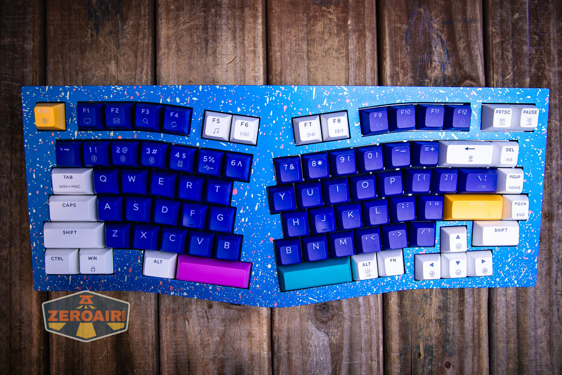 Compact mechanical keyboard with colorful keycaps arranged on a blue background