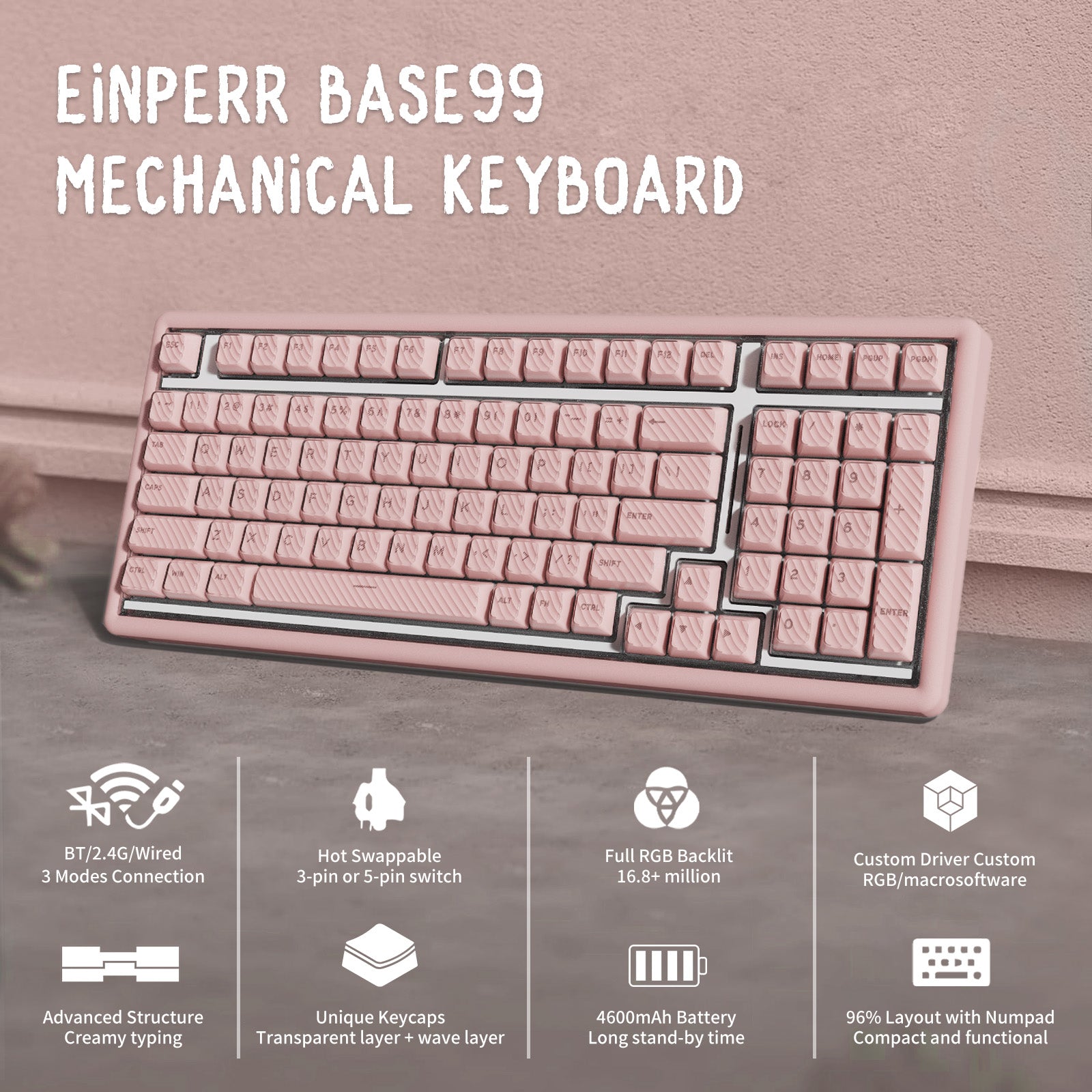 Hexgears X Einperr Base99 Mechanical Keyboard - 99-Key RGB Backlit Hot-Swappable - Elevate Your Setup (Millennial Pink)