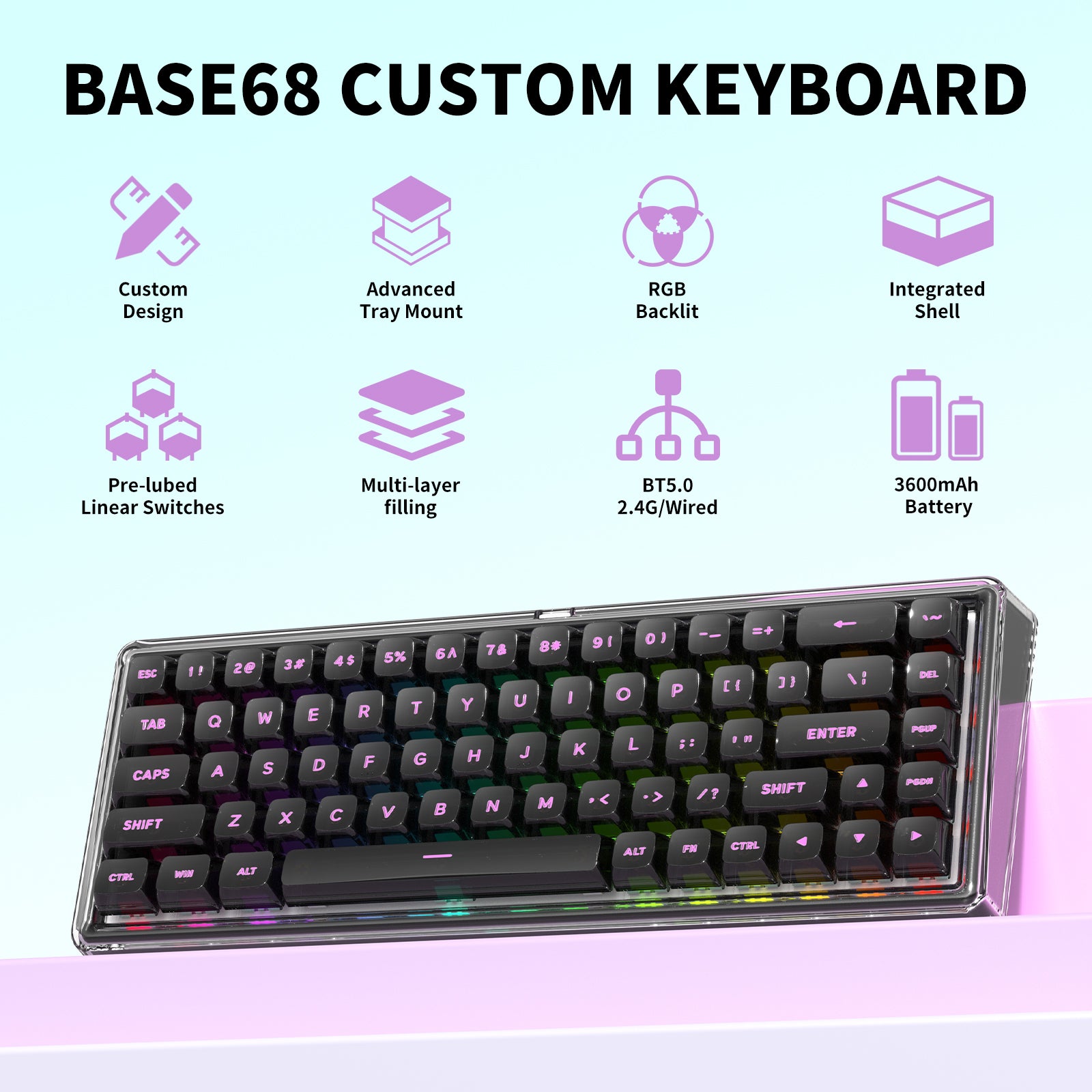 Hexgears X Einperr Base68 Mechanical Keyboard - RGB Backlit - 2.4GHz/USB-C/BT5.0 - DIY Your Own Casing at Home