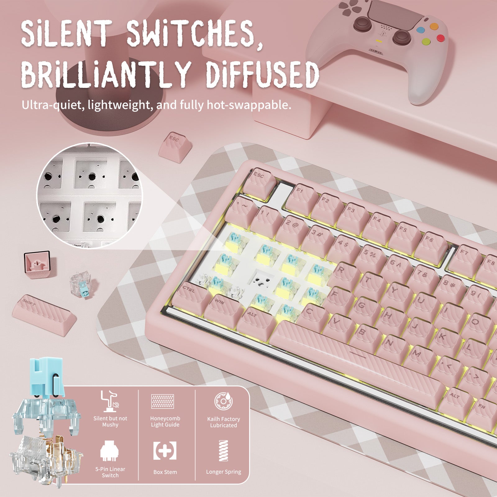 Hexgears X Einperr Base99 Mechanical Keyboard - 99-Key RGB Backlit Hot-Swappable - Elevate Your Setup (Millennial Pink)