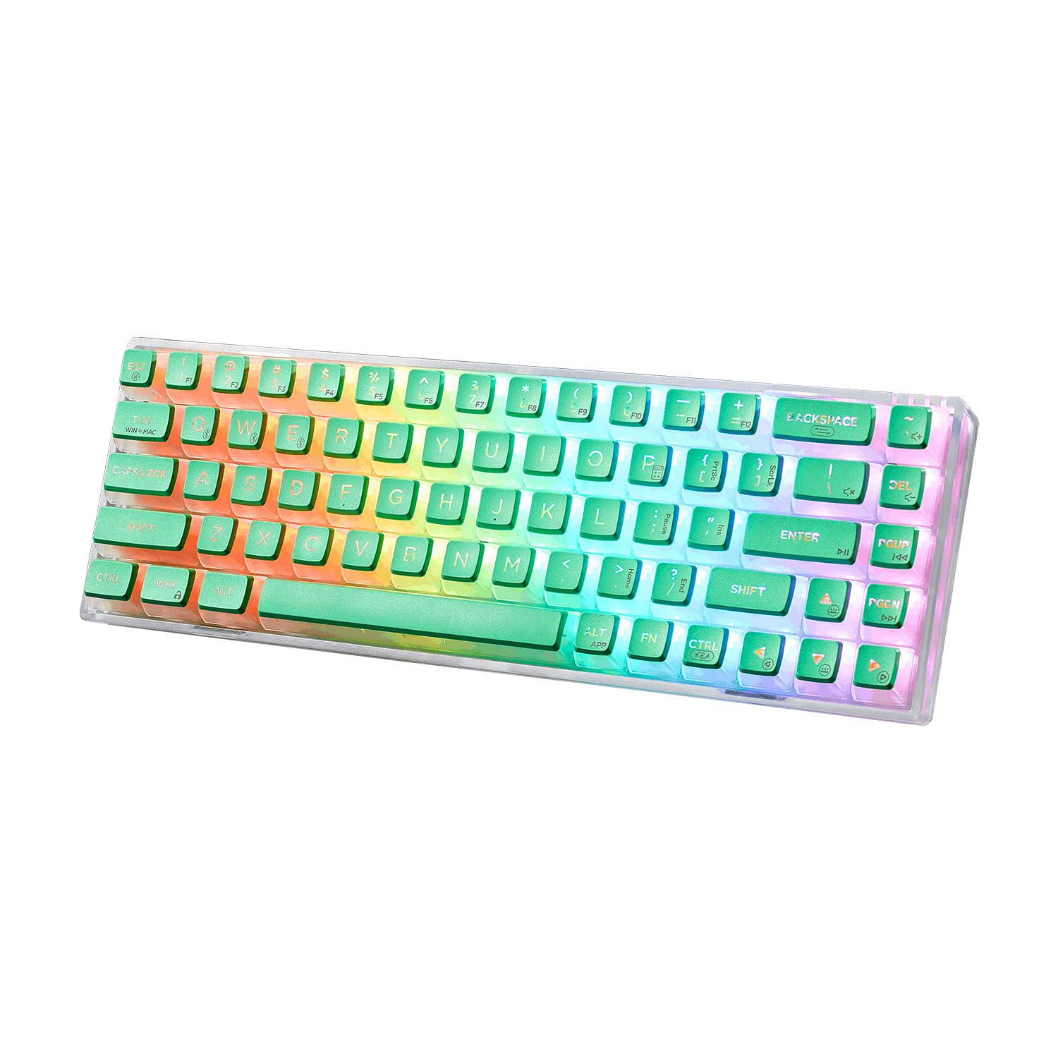 Hexgears Soda Green gaming keyboard with vibrant RGB lighting and compact layout