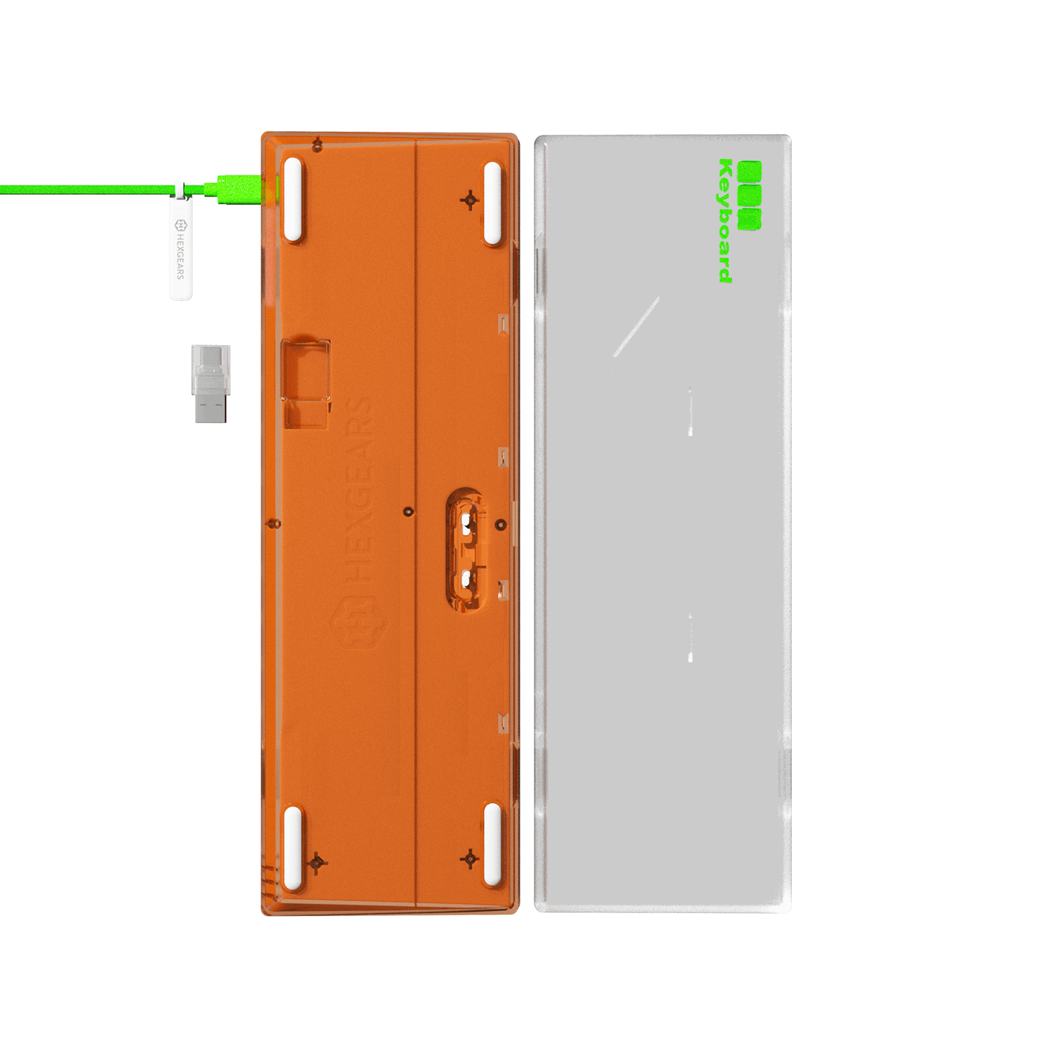 Hexgears Soda orange 68 Key mechanical keyboard with bright green cable and transparent base