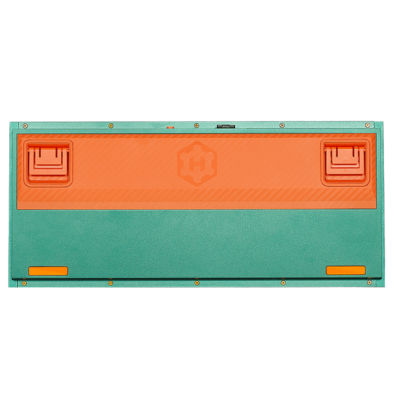 Hexgears Synergy Z2 Pro keyboard back view showcasing vibrant teal and orange design