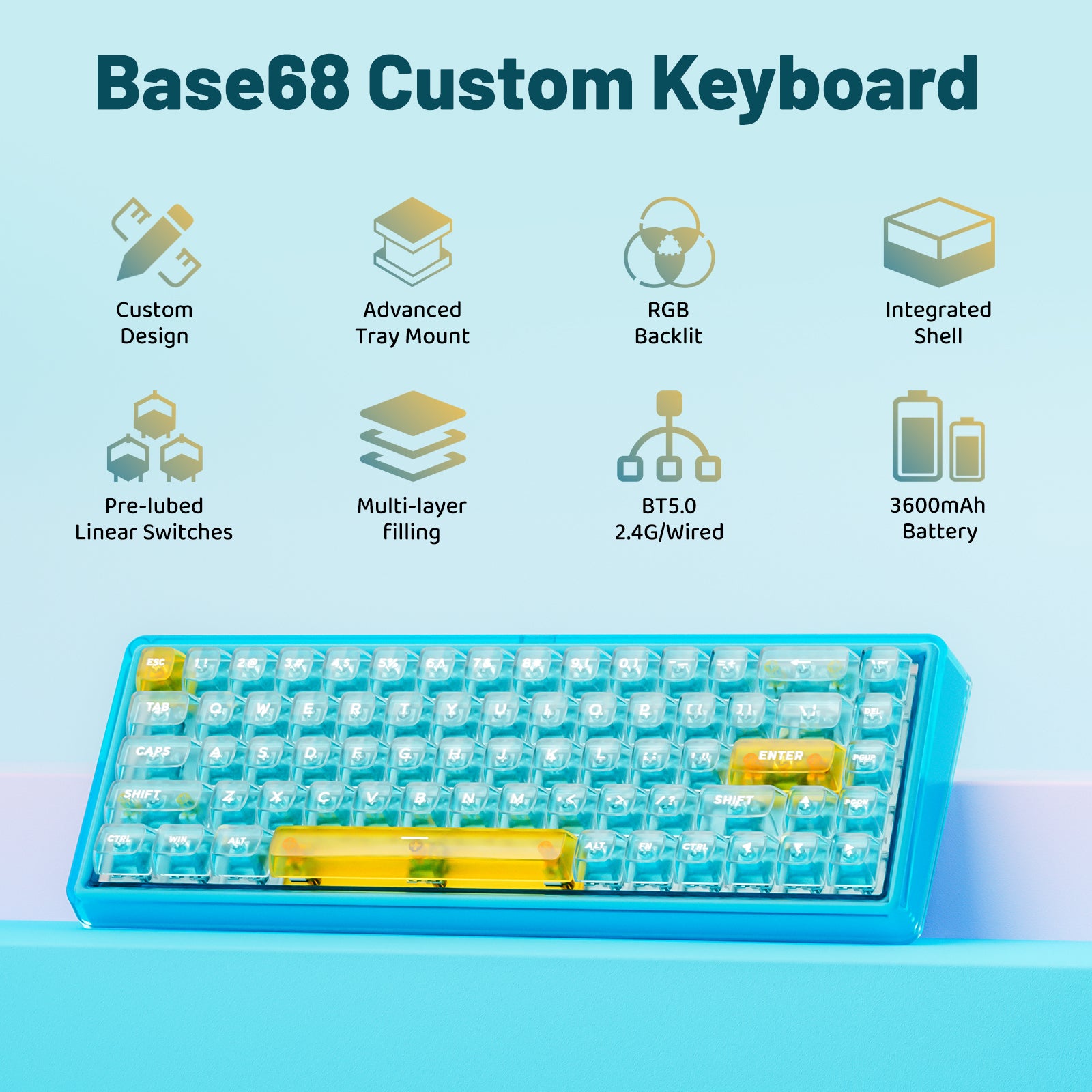 Hexgears X Einperr Base68 Mechanical Keyboard - RGB Backlit - 2.4GHz/USB-C/BT5.0 - DIY Your Own Casing at Home
