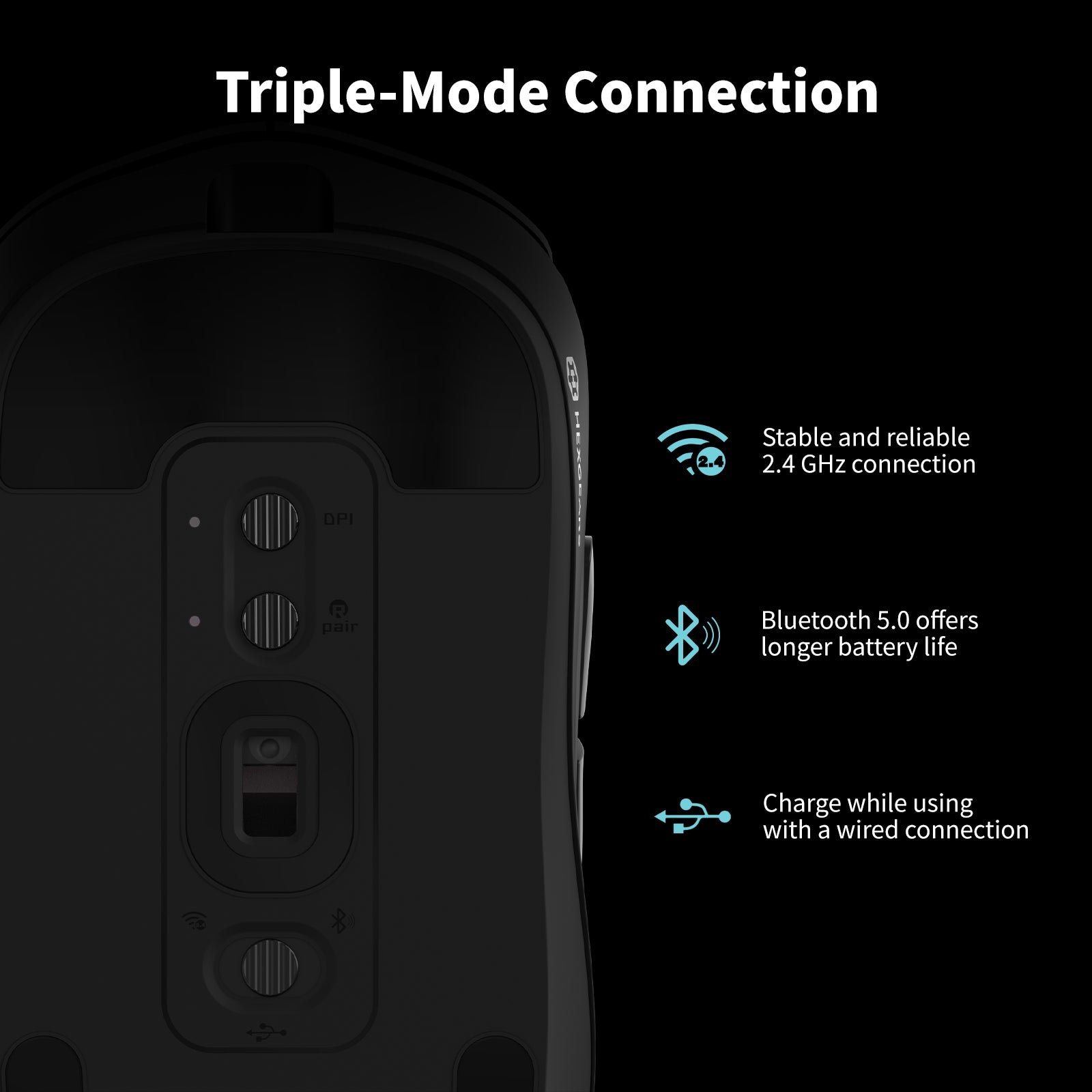 Hexgears H9 Wireless Gaming Mouse, Three Mode, 60g Lightweight, 12500DPI, 5 Programmable Buttons, Web Driver
