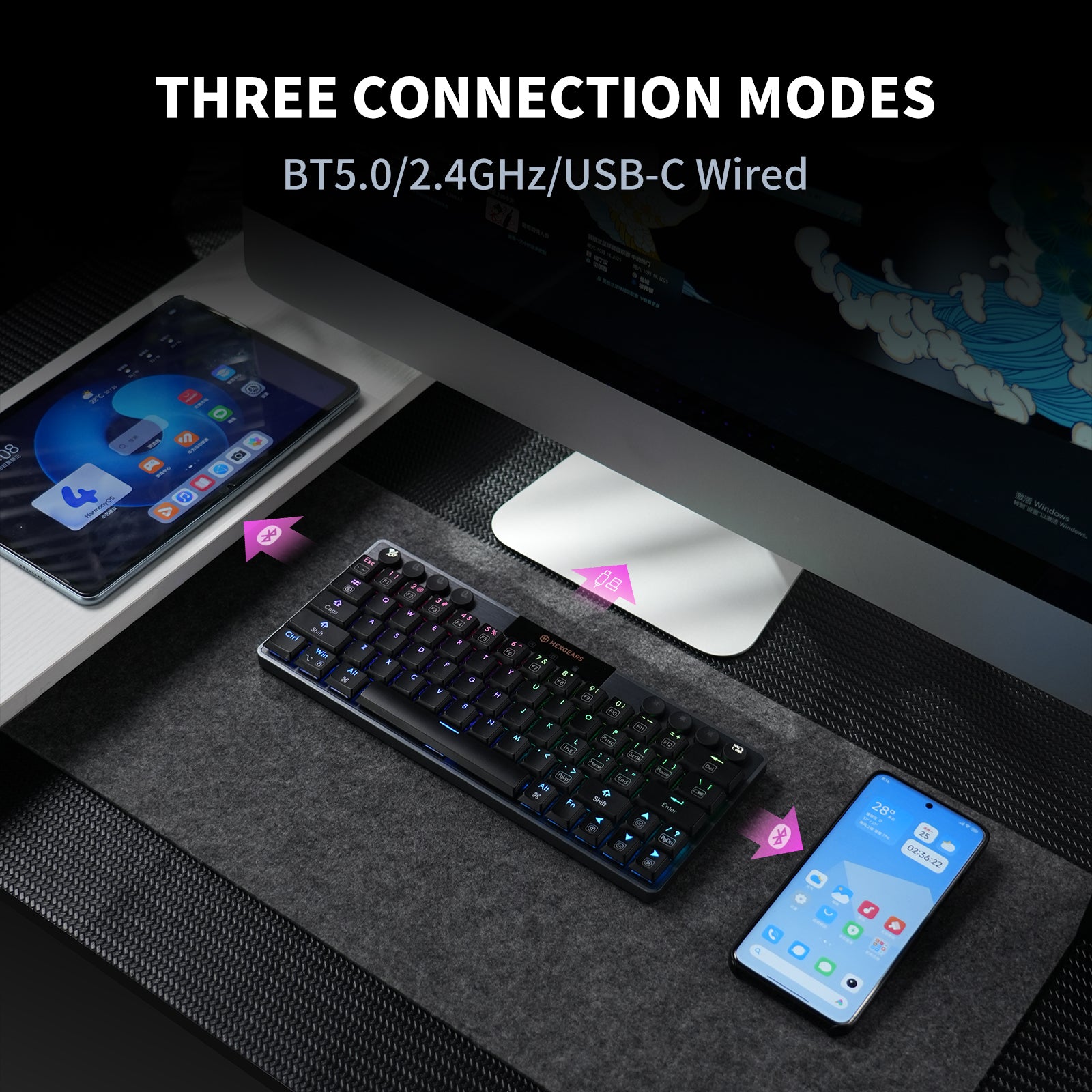 Hexgears Immersion A1 63 Keys Ultra-Slim Low-Profile Mechanical, 2.4G Wireless/Bluetooth/USB Wired Mechanical Keyboard with RGB Backlit Compatible