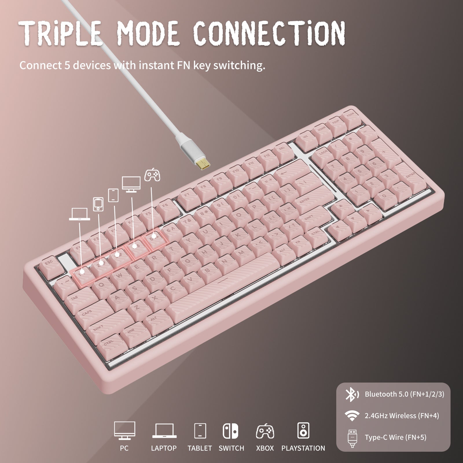 Hexgears X Einperr Base99 Mechanical Keyboard - 99-Key RGB Backlit Hot-Swappable - Elevate Your Setup (Millennial Pink)