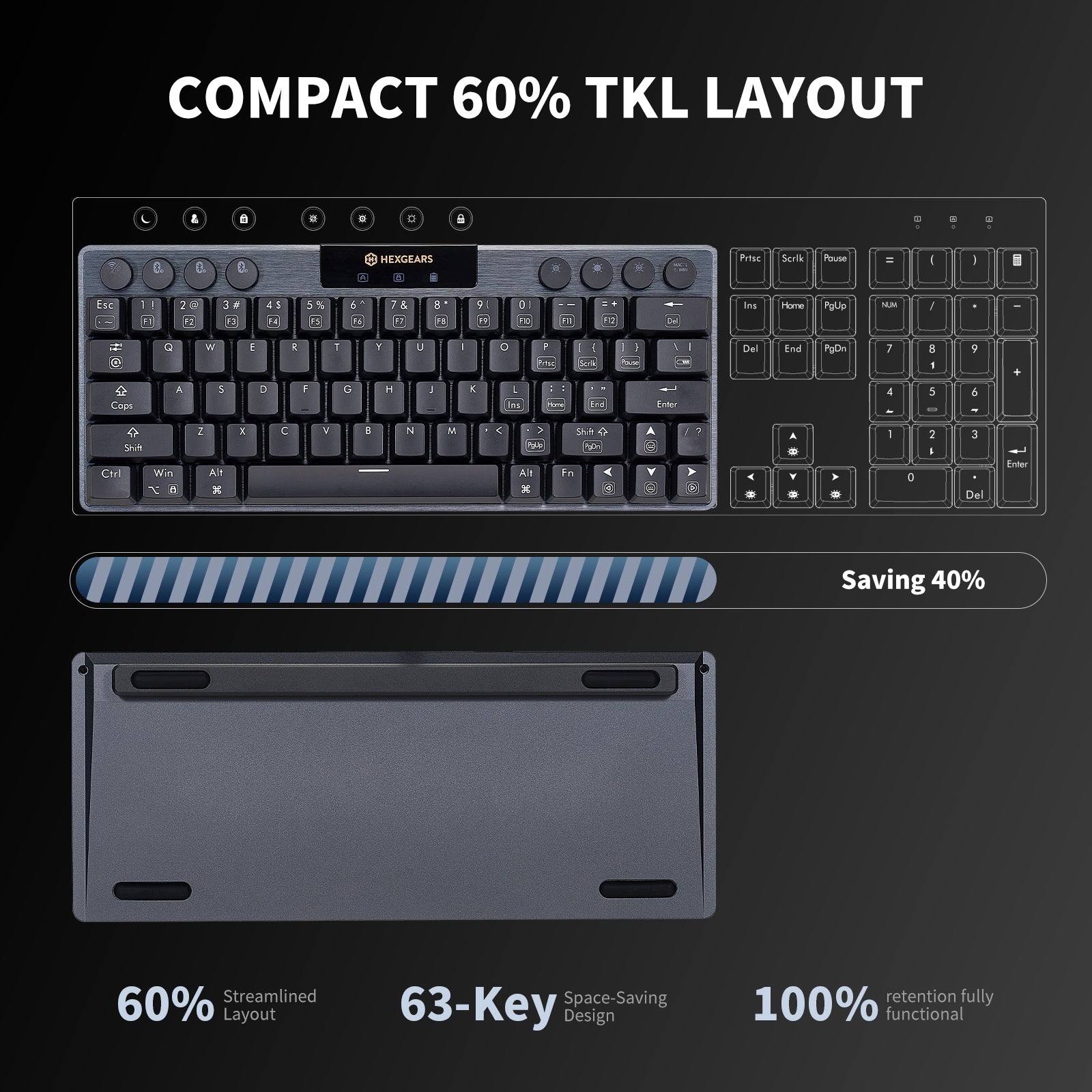 Hexgears Immersion A1 63 Keys Ultra-Slim Low-Profile Mechanical, 2.4G Wireless/Bluetooth/USB Wired Mechanical Keyboard with RGB Backlit Compatible