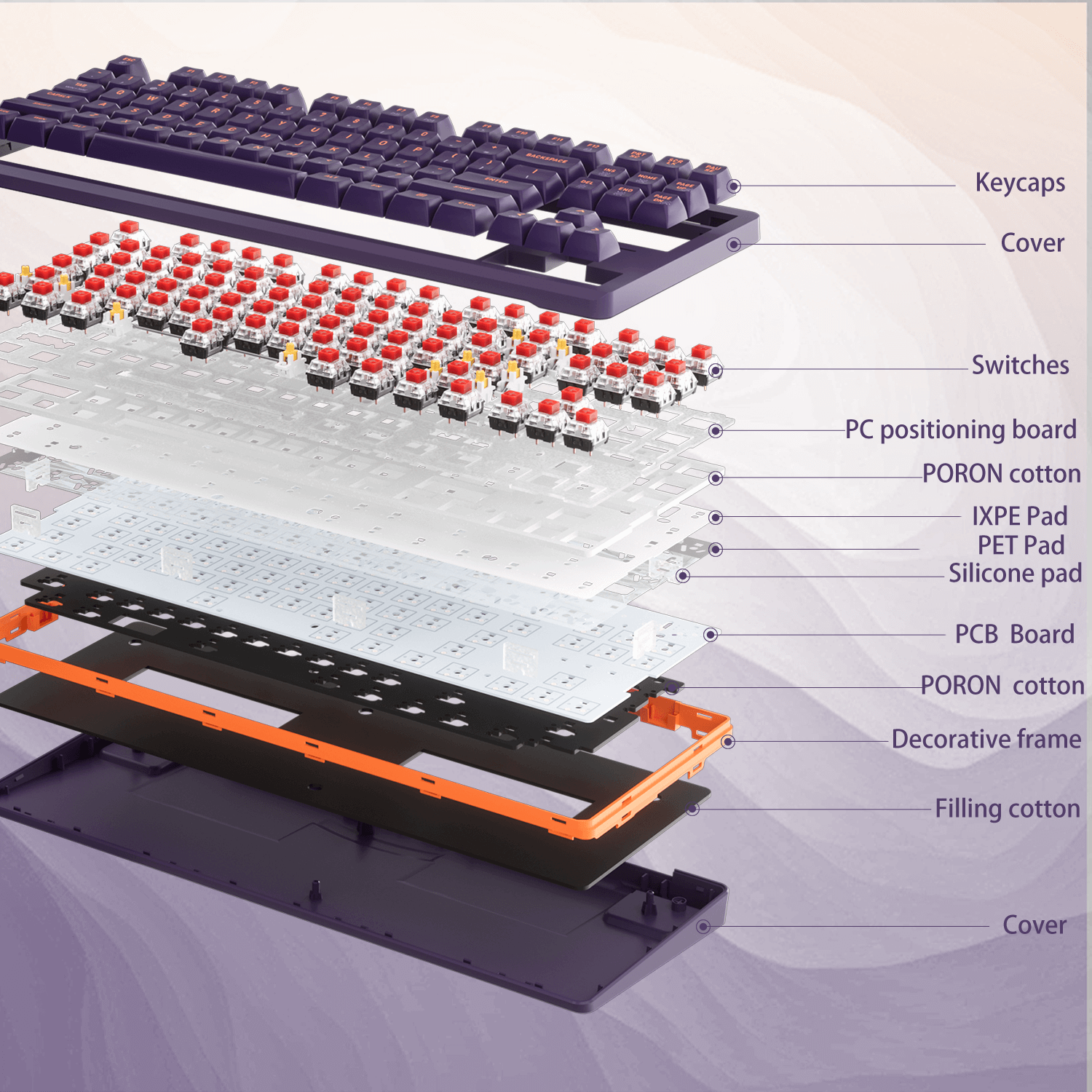 Pixel Q3 Pro Wireless Purple Keyboard Structure Diagram